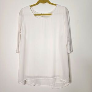 LYSSE' ivory elbow sleeve knit chiffon winged back top